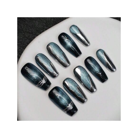 Luxury Black & Silver Chrome Press-On Nails – Metallic Glitter Gel Nail Set S, M - Picture 2 of 4